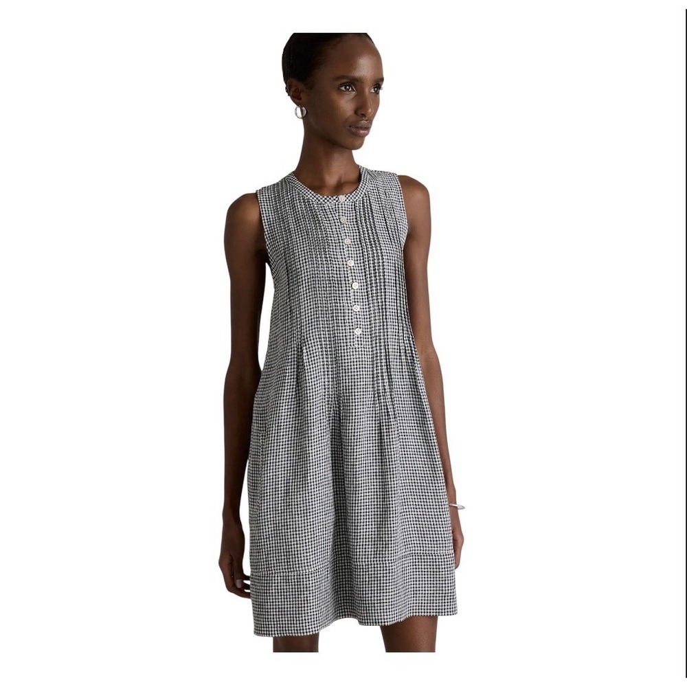 Quince 100% European Linen Sleeveless Swing Dress Gingham  Pockets Women's L